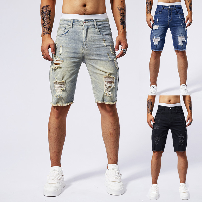 Streetwear Brand For Men - 2025 ฤดูร้อนใหม่ผู้ชาย Ripped กางเกงยีนส์กางเกงขาสั้นแฟชั่น Vintage Hole