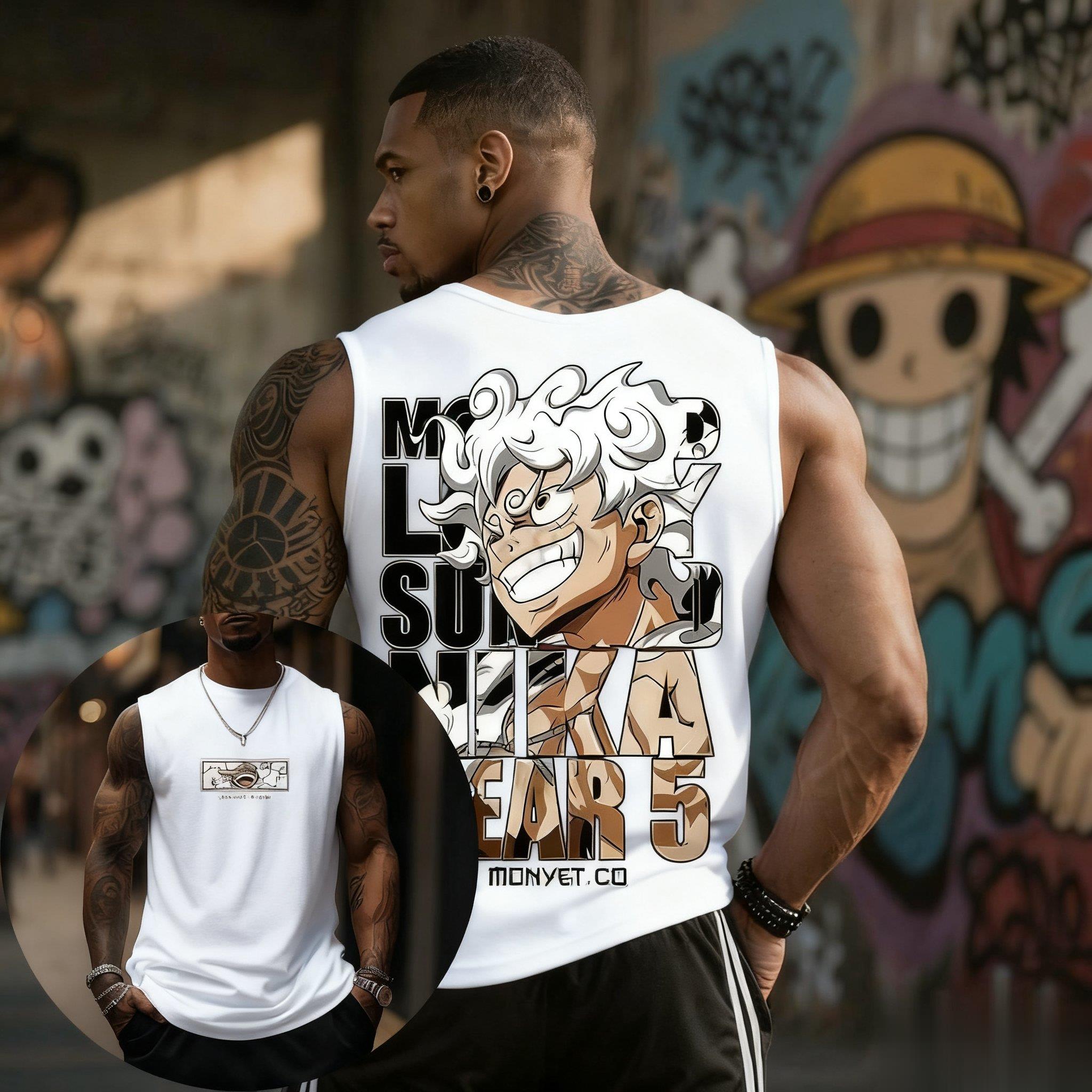 Streetwear Brand Shoes - เสื้อกล้ามวันพีซ ลูฟี่ เกียร์ 5 สำหรับผู้ชาย ผ้าฝ้าย
