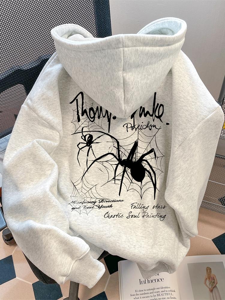 Streetwear High End Brand - เสื้อฮู้ดผู้ชายแบรนด์อเมริกันแนวสตรีทแวร์ระดับไฮเอนด์ ลายตัวอักษรแมงมุม ผ้าฟลีซอุ่นสบาย ใส่ได้ทั้งฤดูใบไม้ร่วงและฤดูหนาว ทรงหลวม ใส่สบาย
