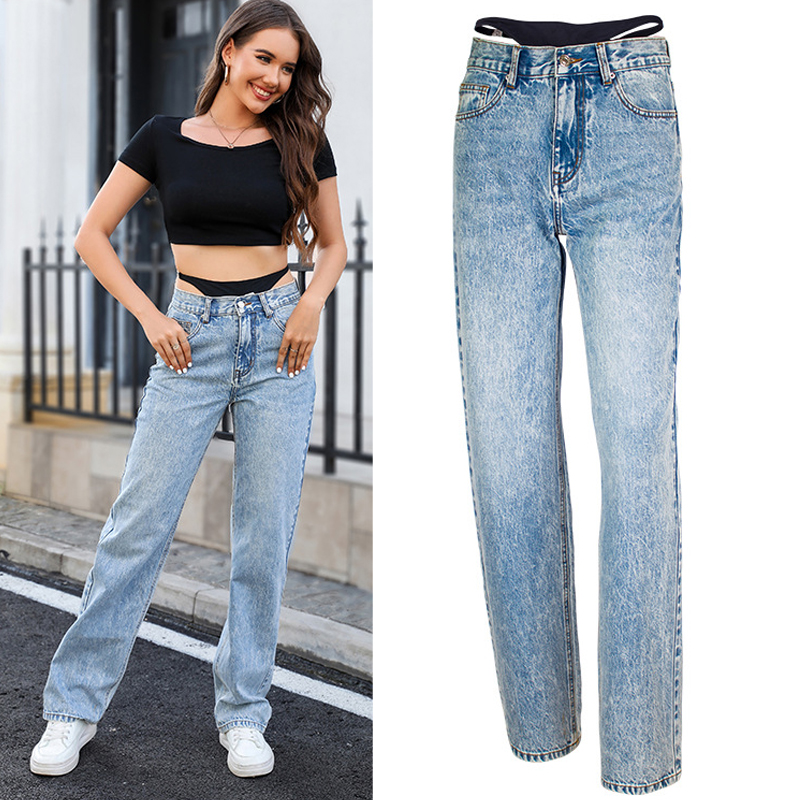 ปลอม 2 ชิ้นเย็บตรงกางเกงยีนส์ผ - Streetwear Outfit Brand บทวิจารณ์และราคา